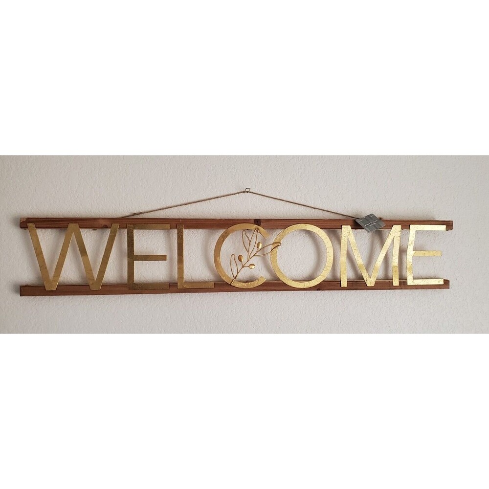 Place & Time Metal Welcome Sign Wall Decor Front Porch Inside Home Gold Tone 36"